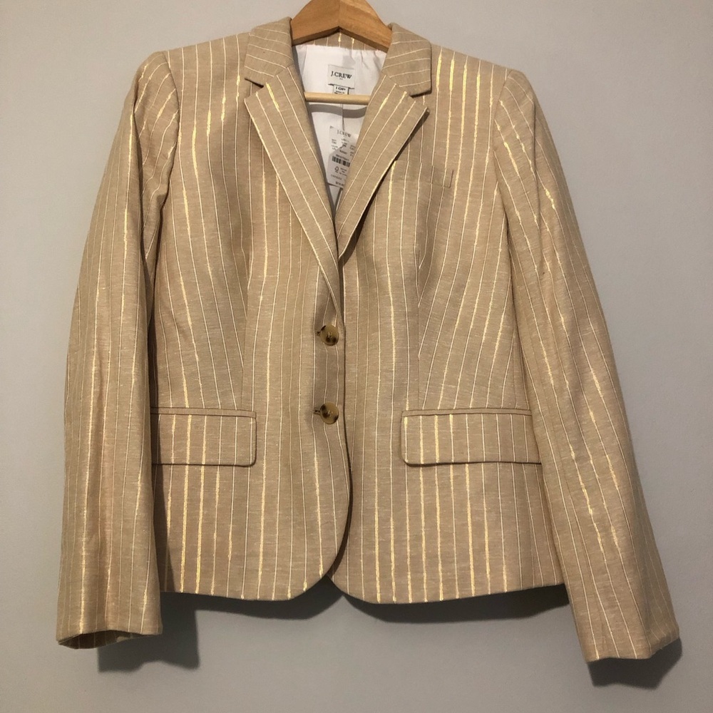 NWT J. Crew Cotton Linen Blend Beige Tan Blazer Gold Pinstripes Petite 10
